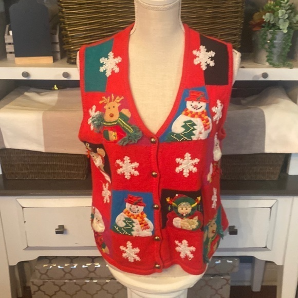 Lisa International‎ Petite Vintage Christmas Sweater Cardigan Vest PLarge